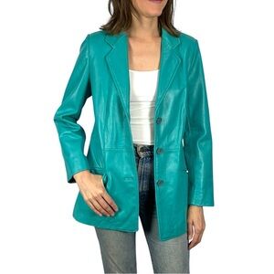 BERNARDO Y2K TEAL OVERSIZE LEATHER BUTTON DOWN BLAZER JACKET CAR COAT